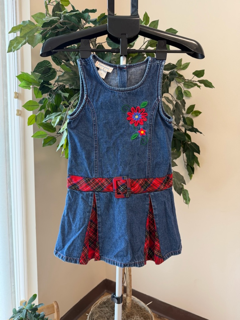 Girls Denim Dress with Red Plaid Accents and Floral Embroidery